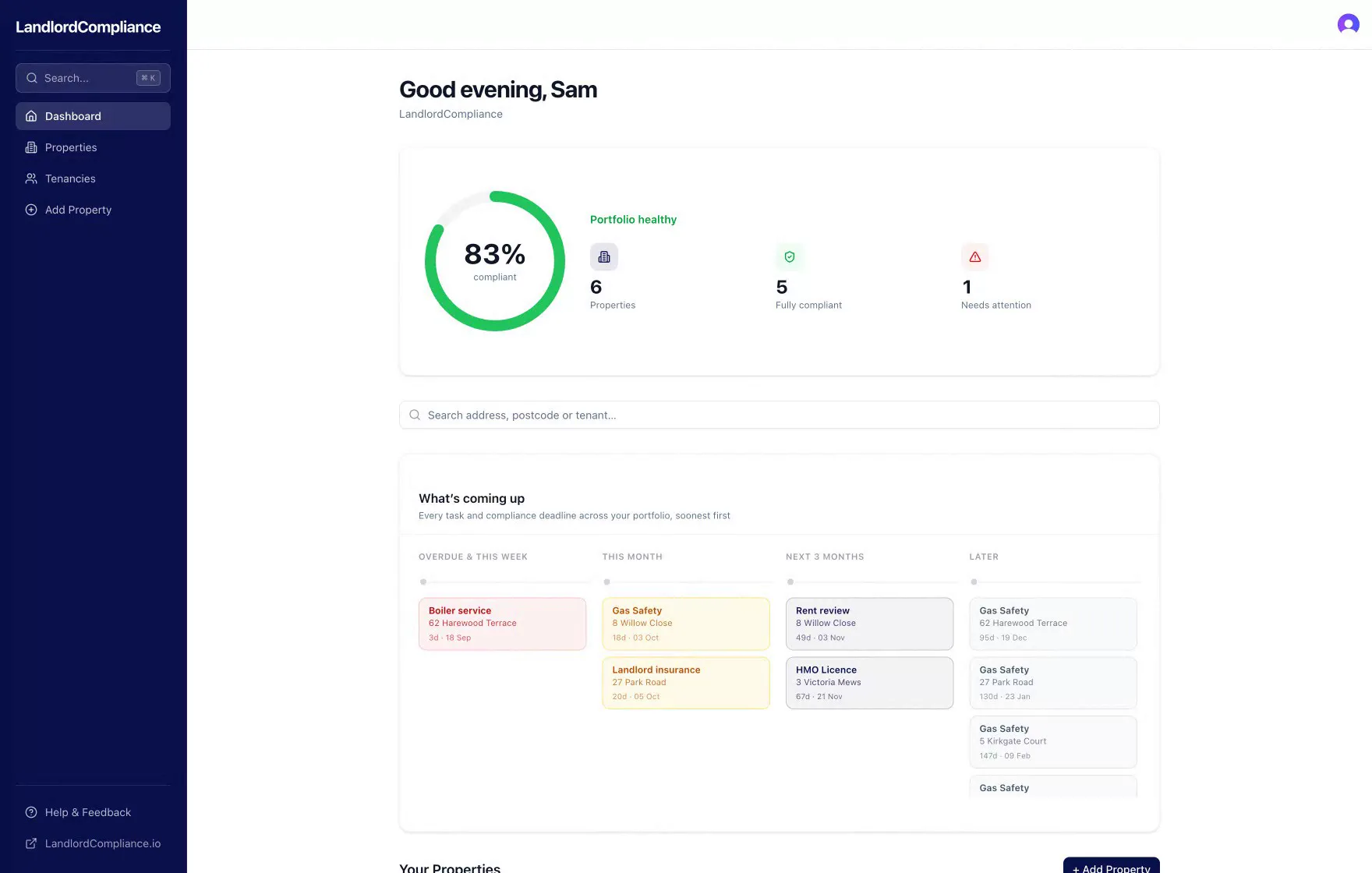 Example LandlordCompliance dashboard showing six properties, portfolio status and upcoming dates.