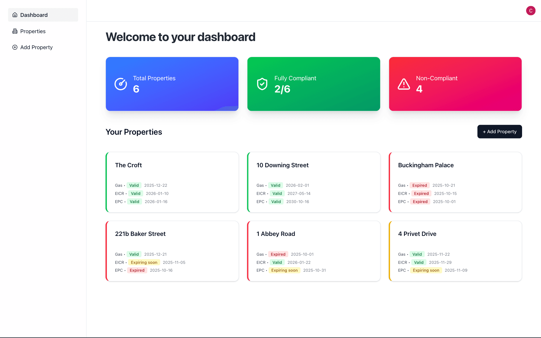 Landlord Compliance Dashboard showing property certificates and expiry dates