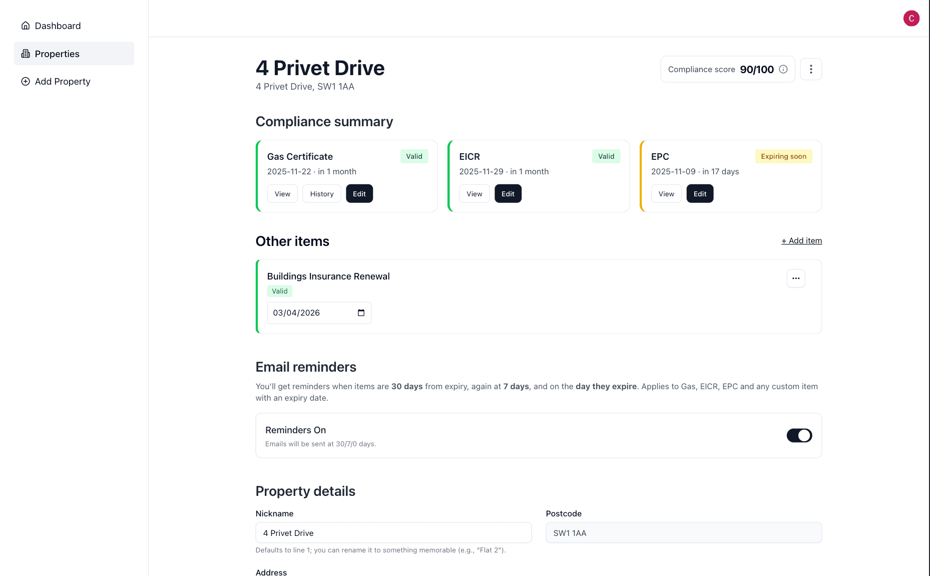 Property compliance view showing certificate details