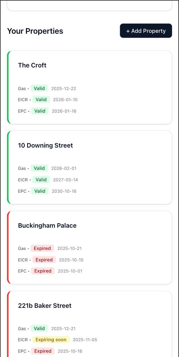 Landlord Compliance mobile app showing property list